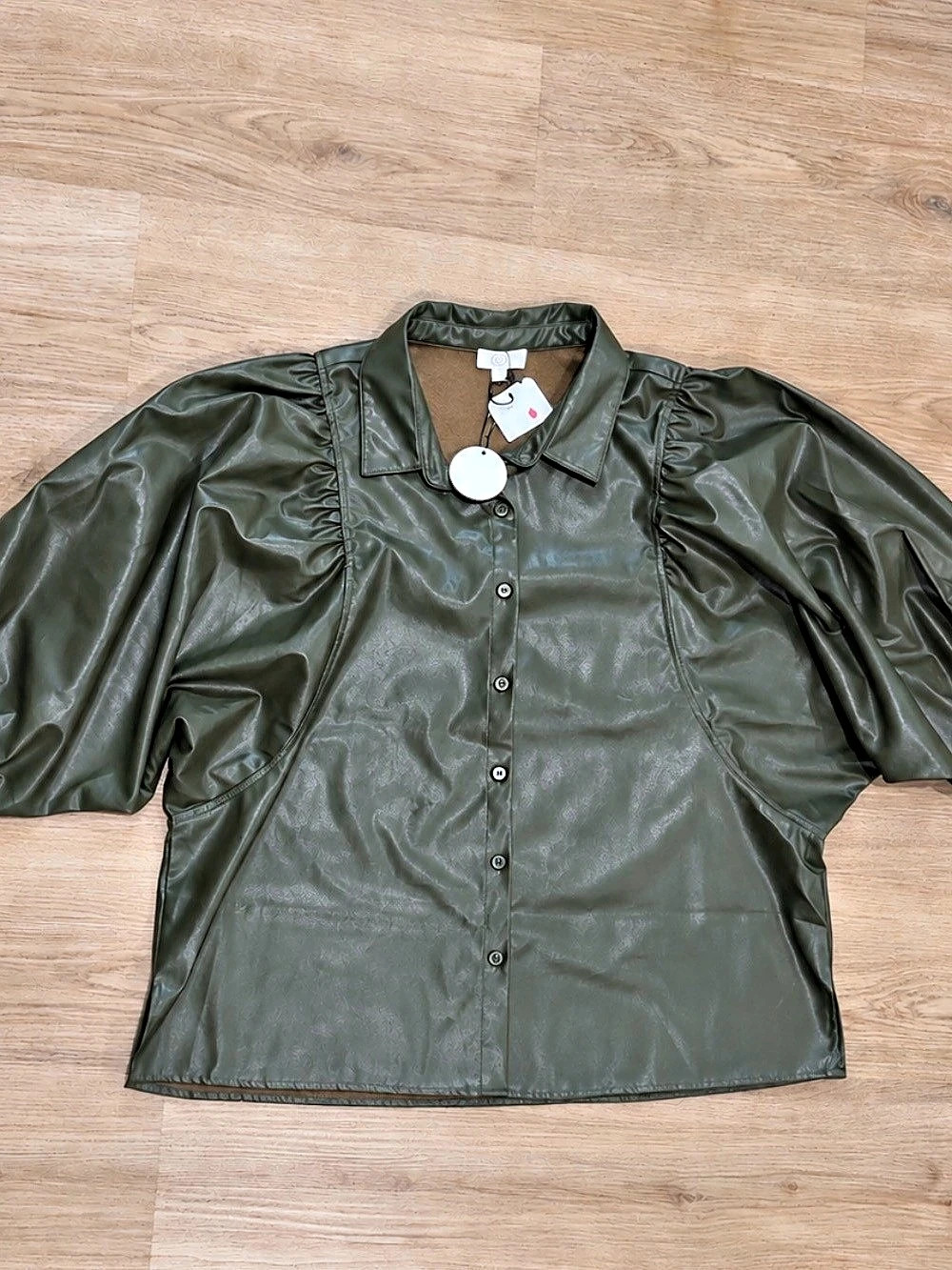 ODDI Faux Leather Button Front Jacket Green Large NWT